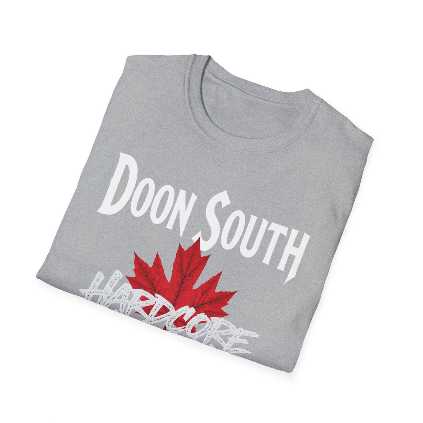 Doon South Hardcore We Support Our Own Red Leaf T-Shirt, c03-n02-s006 Softstyle Graphic Tee, Unisex Casual Wear, Support'n Locals Merch, Gift for Community Lovers.