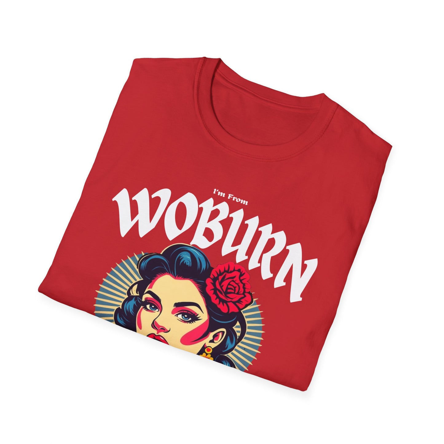 Woburn Underestimate Gal T-Shirt, c06-n06-s001 Softstyle Graphic Tee, Unisex Casual Wear, Support'n Locals Merch, Gift for Community Lovers.