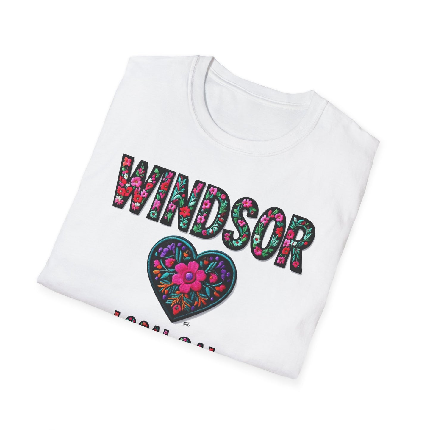 WINDSOR Local Gal Flower-Heart T-Shirt, c01-n00-s005 Softstyle Graphic Tee, Unisex Casual Wear, Support Local Merch, Gift for Community Lovers, Finkz WINDSOR