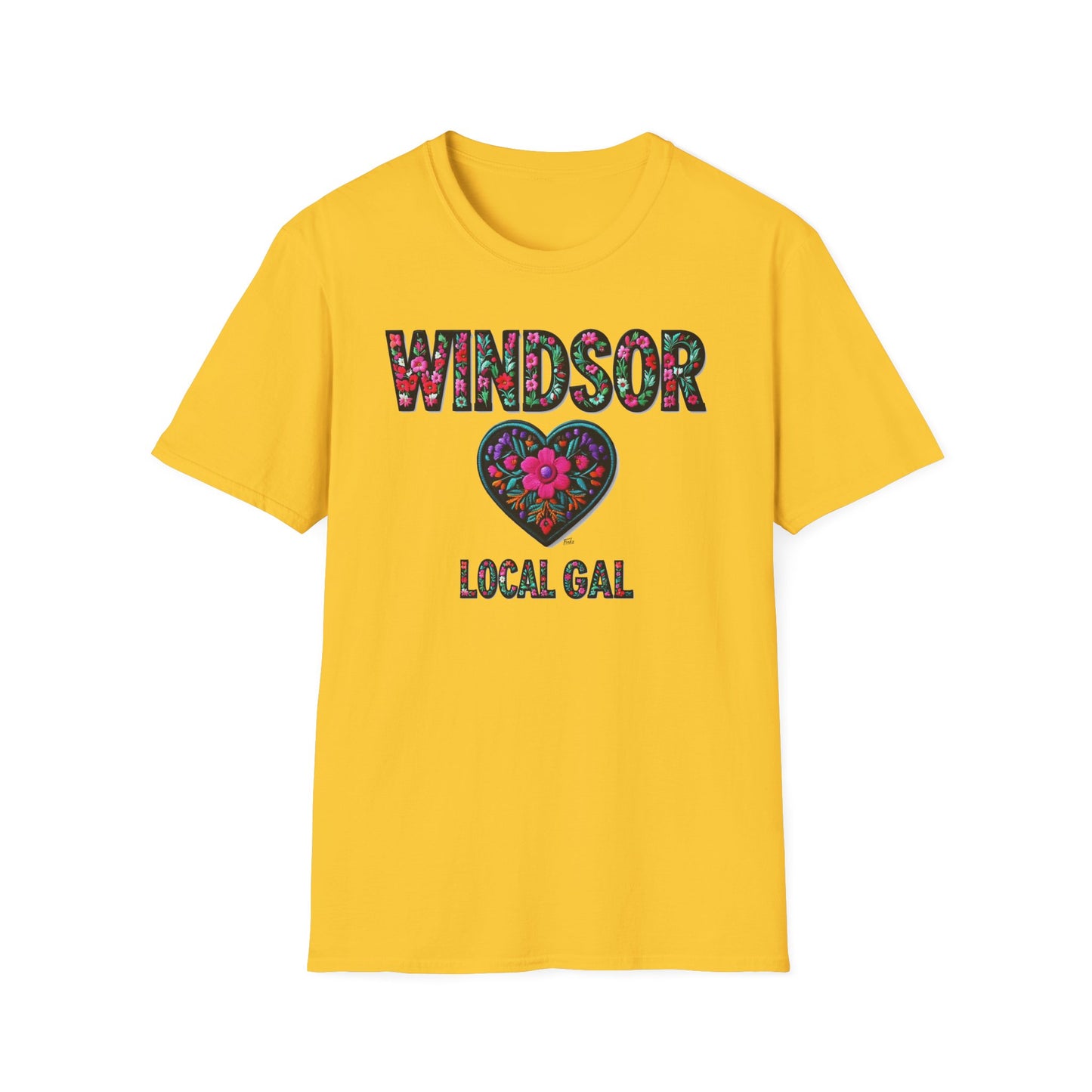 WINDSOR Local Gal Flower-Heart T-Shirt, c01-n00-s005 Softstyle Graphic Tee, Unisex Casual Wear, Support Local Merch, Gift for Community Lovers, Finkz WINDSOR