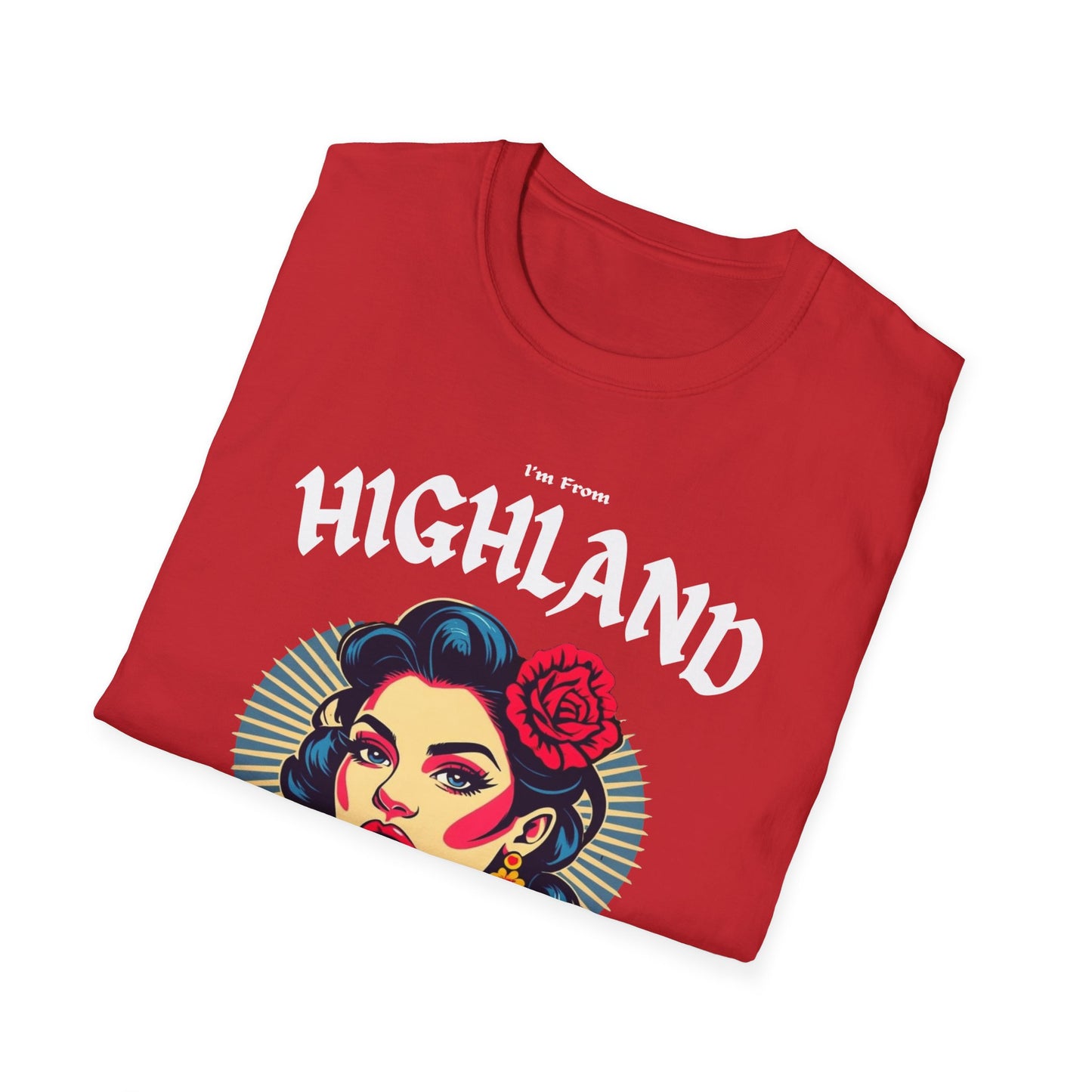 Highland Underestimate Gal T-Shirt, c02-n05-s001 Softstyle Graphic Tee, Unisex Casual Wear, Support'n Locals Merch, Gift for Community Lovers.