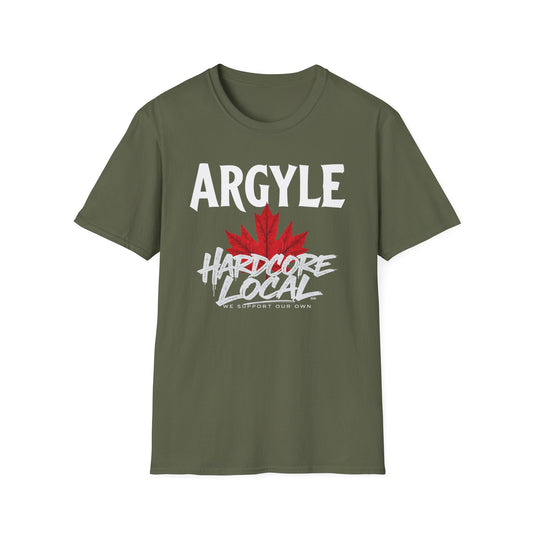 Argyle Hardcore We Support Our Own Red Leaf T-Shirt, c02-n01-s006 Softstyle Graphic Tee, Unisex Casual Wear, Support'n Locals Merch, Gift for Community Lovers.