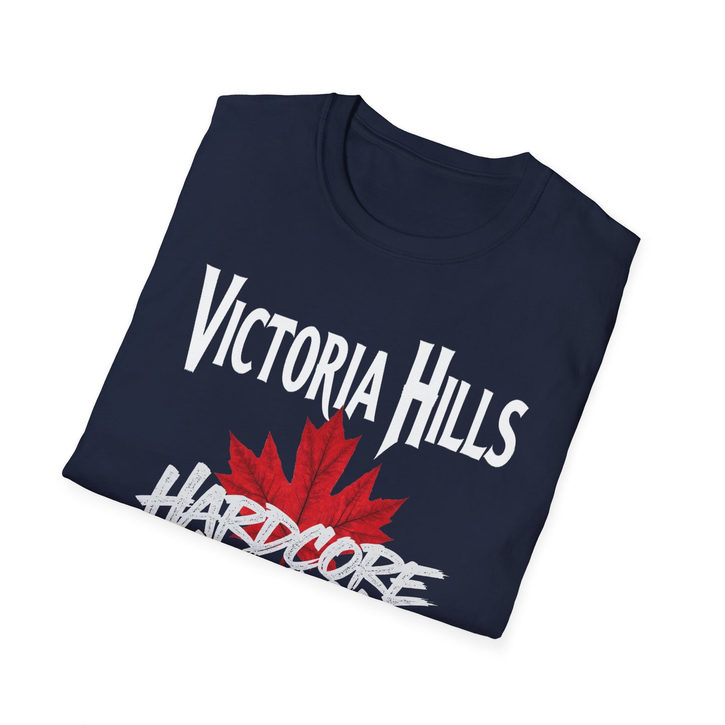 Victoria Hills Hardcore We Support Our Own Red Leaf T-Shirt, c03-n10-s006 Softstyle Graphic Tee, Unisex Casual Wear, Support'n Locals Merch, Gift for Community Lovers.
