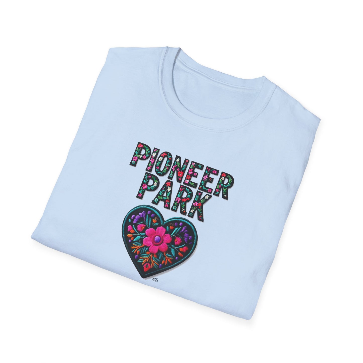 Pioneer Park Local Gal Flower-Heart T-Shirt, c03-n08-s05 Softstyle Graphic Tee, Unisex Casual Wear, Support Local Merch, Gift for Community Lovers, Finkz WINDSOR