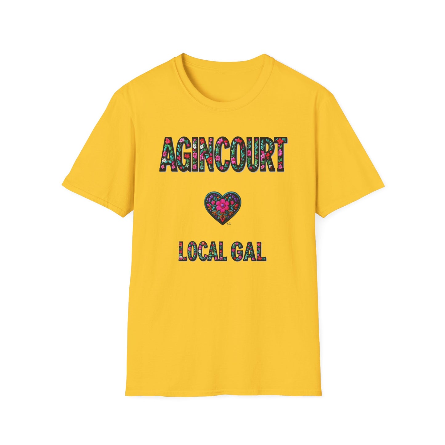 Agincourt Local Gal Flower-Heart T-Shirt, c06-n01-s005 Softstyle Graphic Tee, Unisex Casual Wear, Support Local Merch, Gift for Community Lovers, Finkz WINDSOR