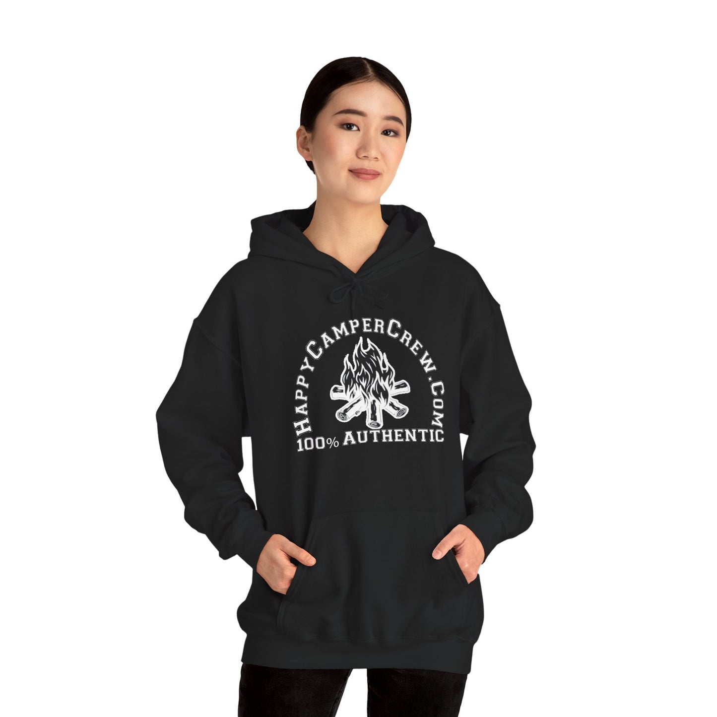 Happy Camper Crew 100% Authentic Black, Hooded Sweatshirt Unisex Heavy Blend™ Pullover, Casual Hoodie for Every Day, Gift for Friends, Camping Hoodie