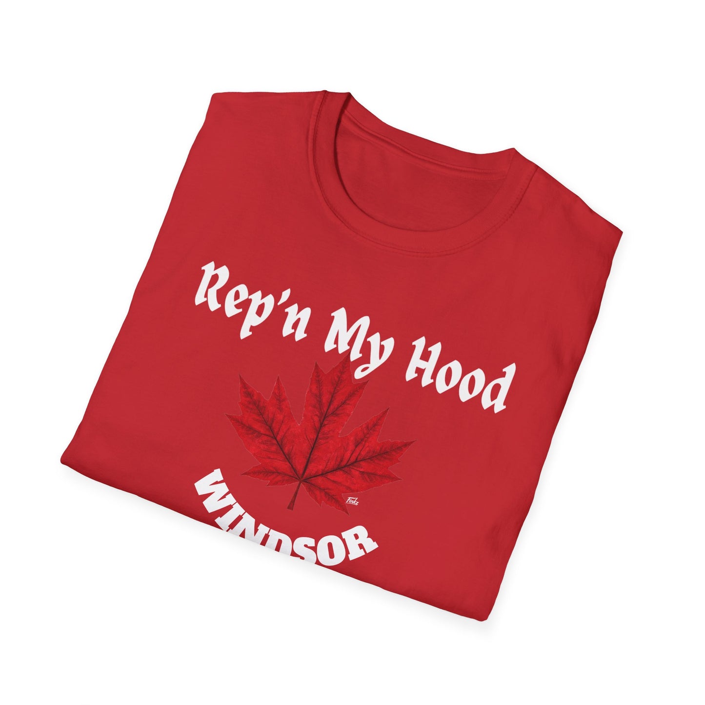 WINDSOR Rep'n My Hood Red Leaf T-Shirt, Softstyle Graphic Tee, Unisex Casual Wear, Support Local Merch, Gift for Community Lovers, Finkz