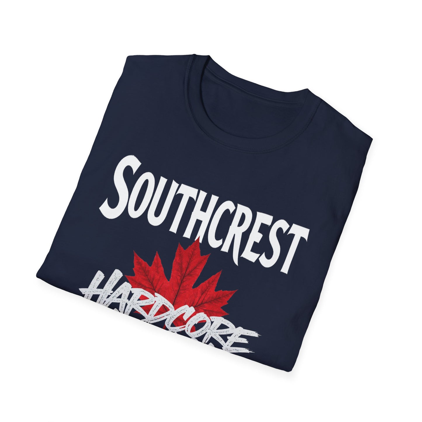 Southcrest Hardcore We Support Our Own Red Leaf T-Shirt, c02-n07-s006 Softstyle Graphic Tee, Unisex Casual Wear, Support'n Locals Merch, Gift for Community Lovers.