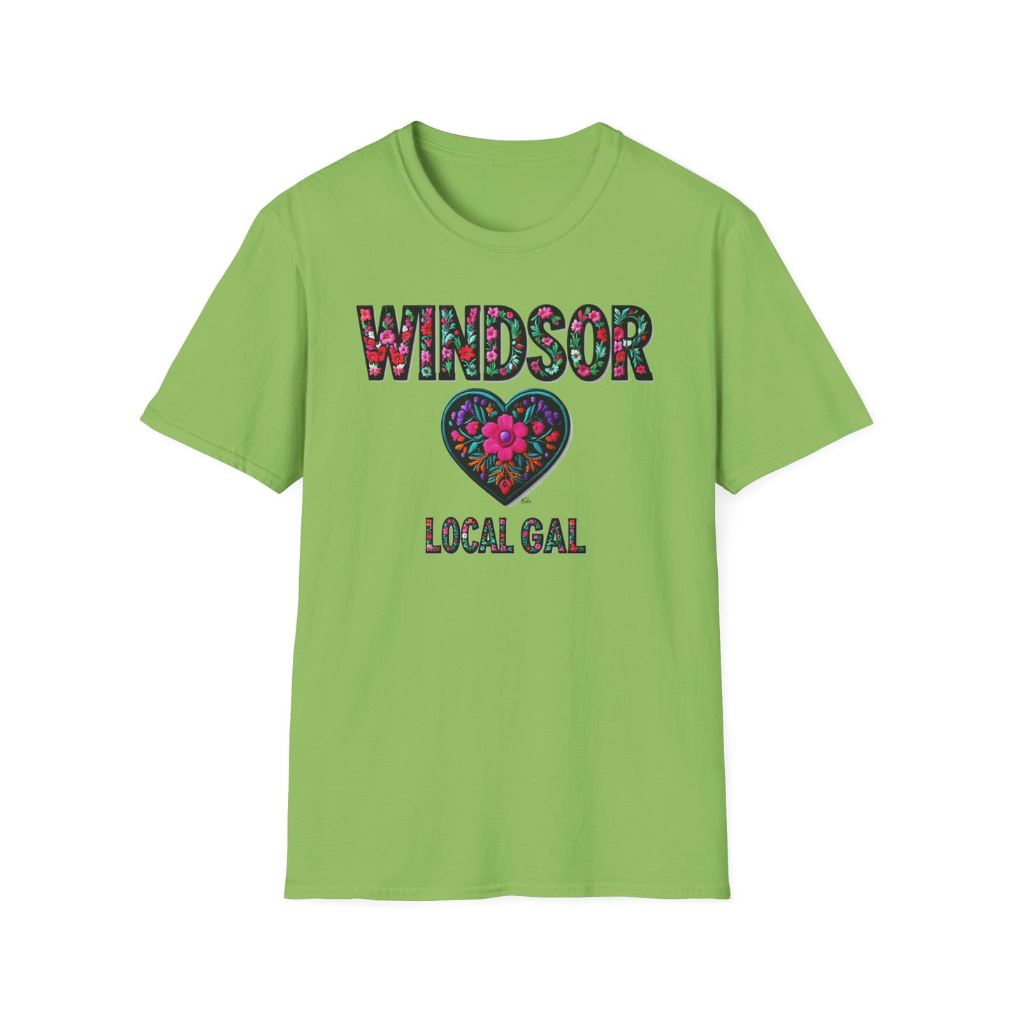 WINDSOR Local Gal Flower-Heart T-Shirt, c01-n00-s005 Softstyle Graphic Tee, Unisex Casual Wear, Support Local Merch, Gift for Community Lovers, Finkz WINDSOR