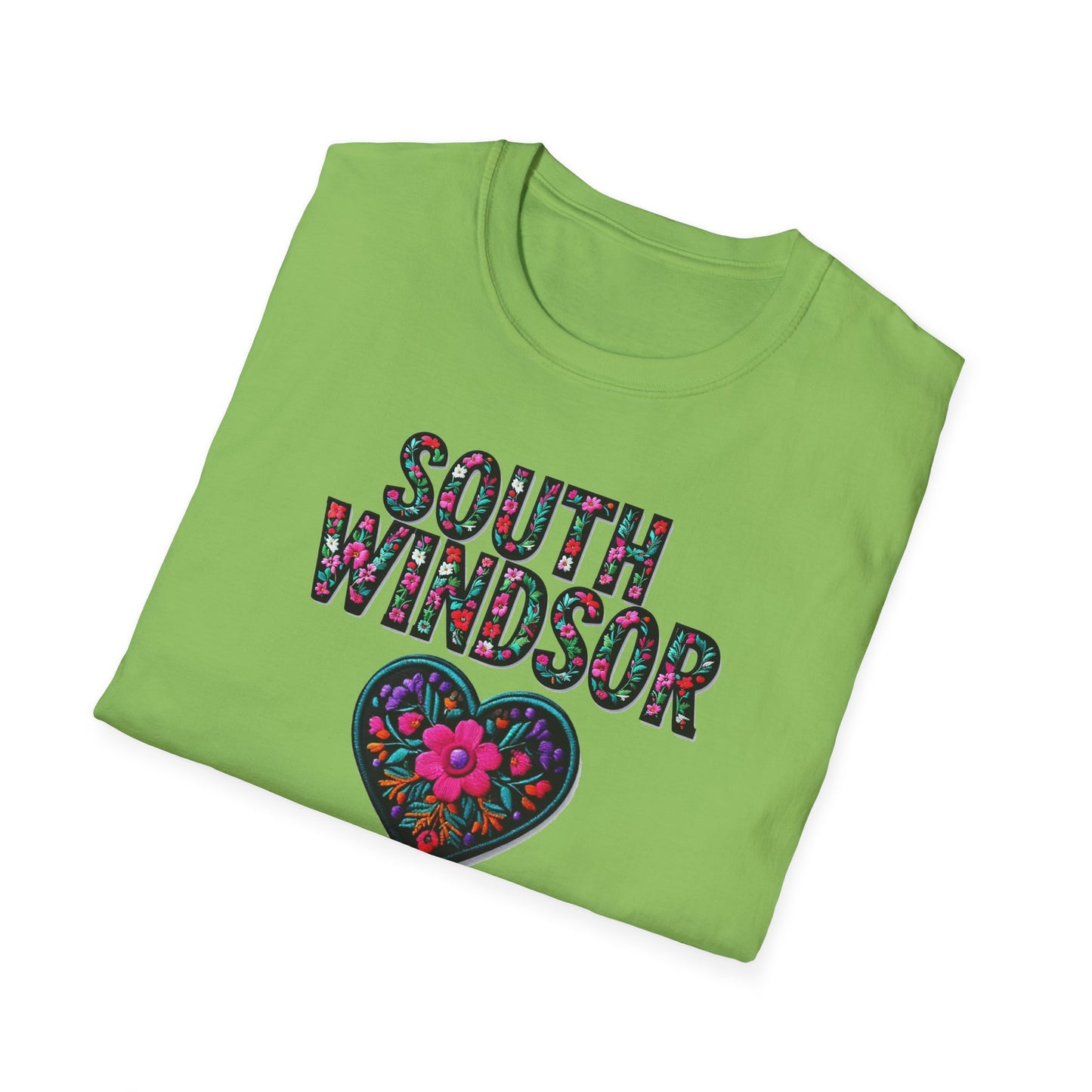 SOUTH WINDSOR Local Gal Flower-Heart T-Shirt, 3 Softstyle Graphic Tee, Unisex Casual Wear, Support Local Merch, Gift for Community Lovers, Finkz WINDSOR