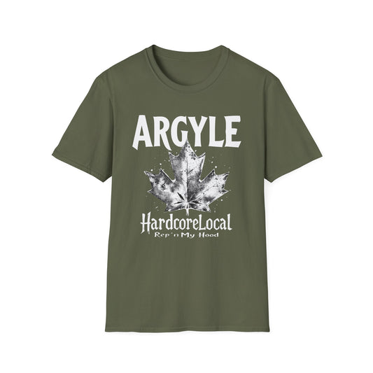 Argyle Hardcore Rep'n White Leaf T-Shirt, c02-n01-s007 Softstyle Graphic Tee, Unisex Casual Wear, Support'n Locals Merch, Gift for Community Lovers.