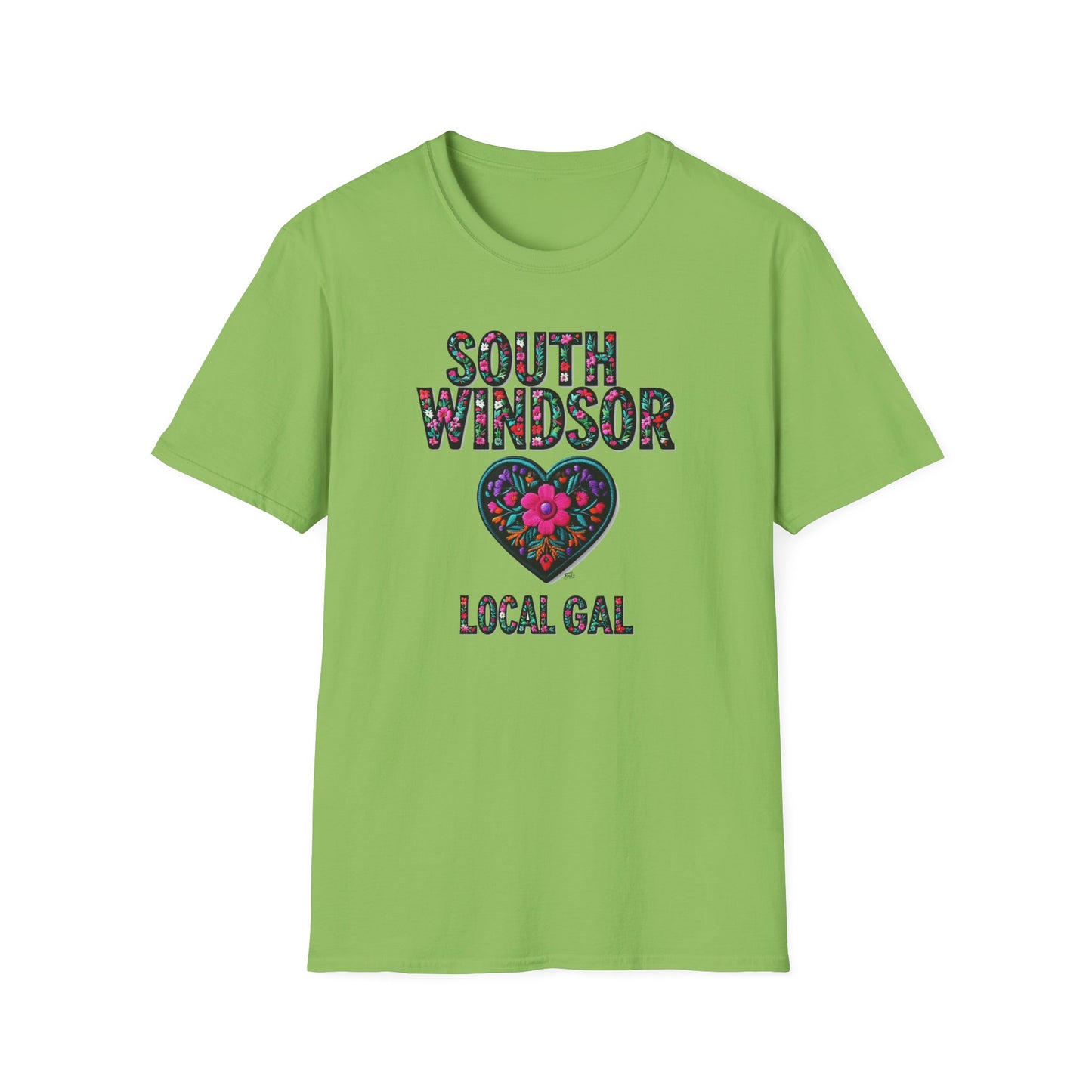 SOUTH WINDSOR Local Gal Flower-Heart T-Shirt, 3 Softstyle Graphic Tee, Unisex Casual Wear, Support Local Merch, Gift for Community Lovers, Finkz WINDSOR