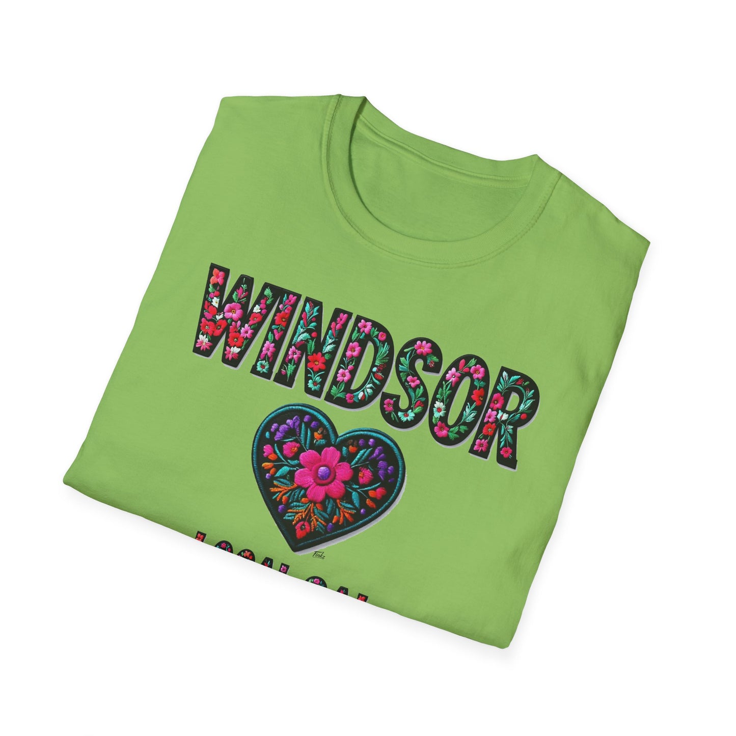 WINDSOR Local Gal Flower-Heart T-Shirt, c01-n00-s005 Softstyle Graphic Tee, Unisex Casual Wear, Support Local Merch, Gift for Community Lovers, Finkz WINDSOR