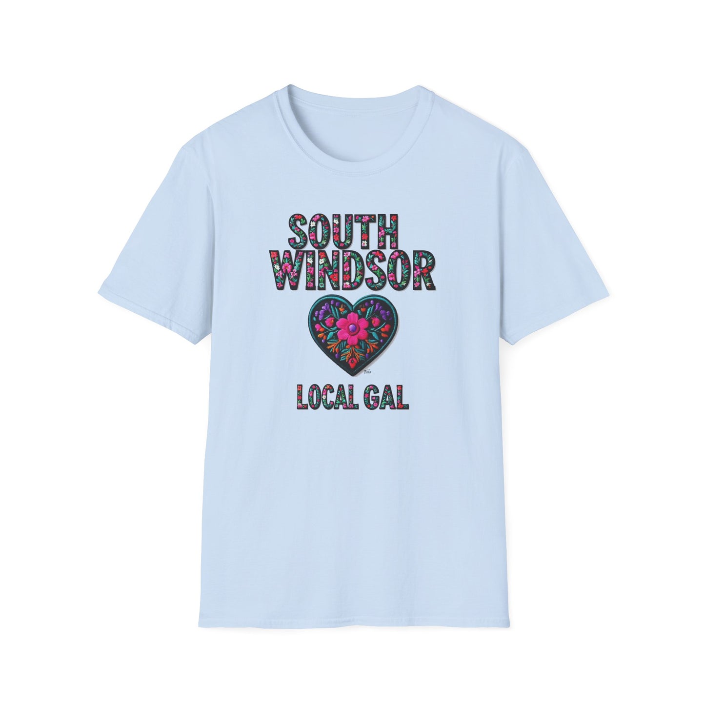 SOUTH WINDSOR Local Gal Flower-Heart T-Shirt, 3 Softstyle Graphic Tee, Unisex Casual Wear, Support Local Merch, Gift for Community Lovers, Finkz WINDSOR