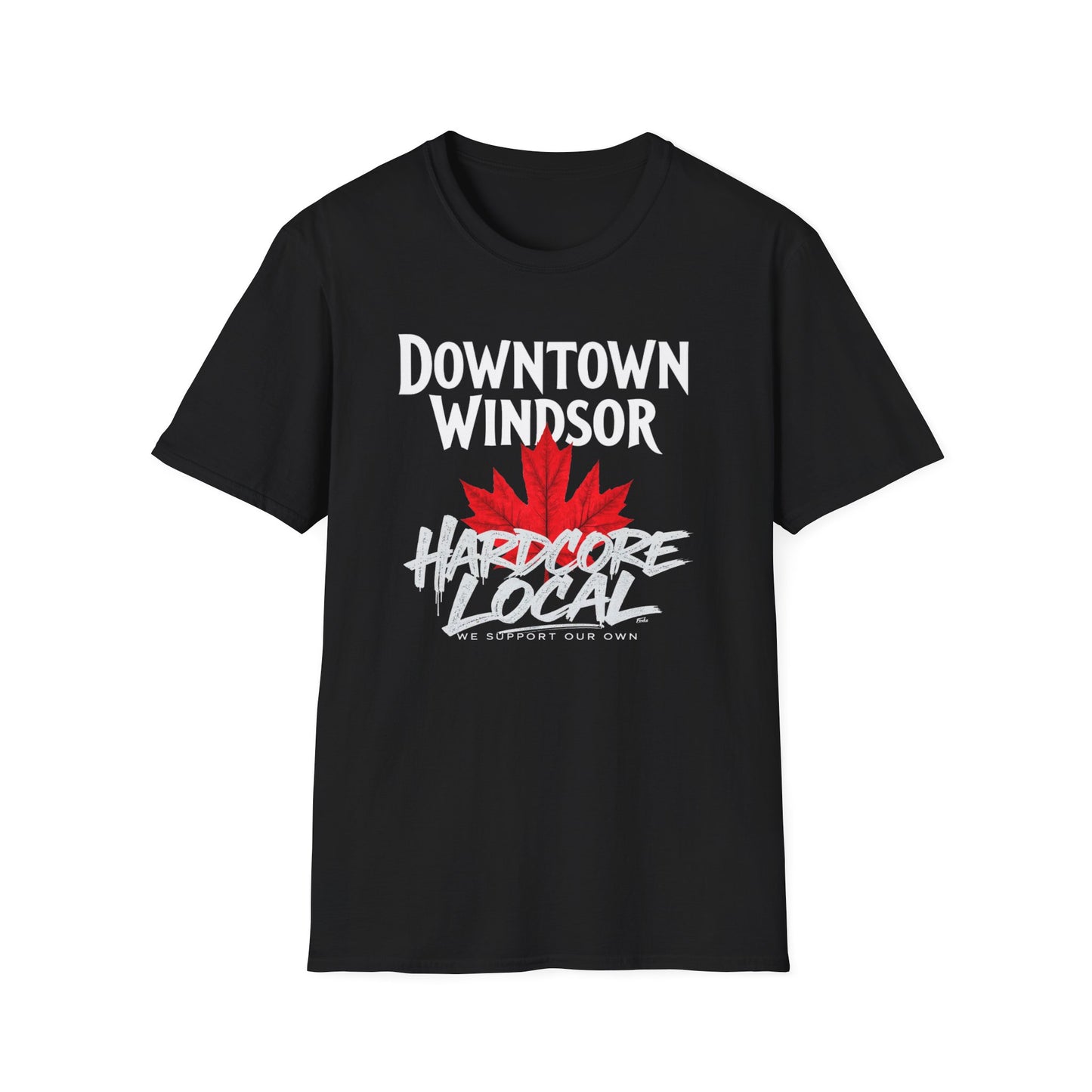 DOWNTOWN WINDSOR Hardcore Local, We Support Our Own, Red Leaf 3 T-Shirt, Softstyle Graphic Tee, Unisex Casual Wear, Support Local Merch, Gift for Community Lovers, FINKZ WINDSOR