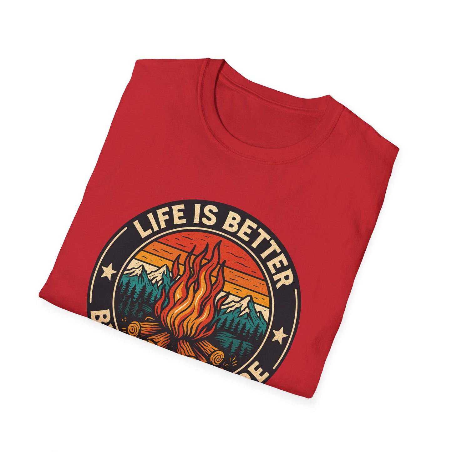 Better by the Fire T-Shirt, Red Softstyle Graphic Tee, Unisex Casual Wear, Support'N Locals Merch, Gift for Community Lovers,