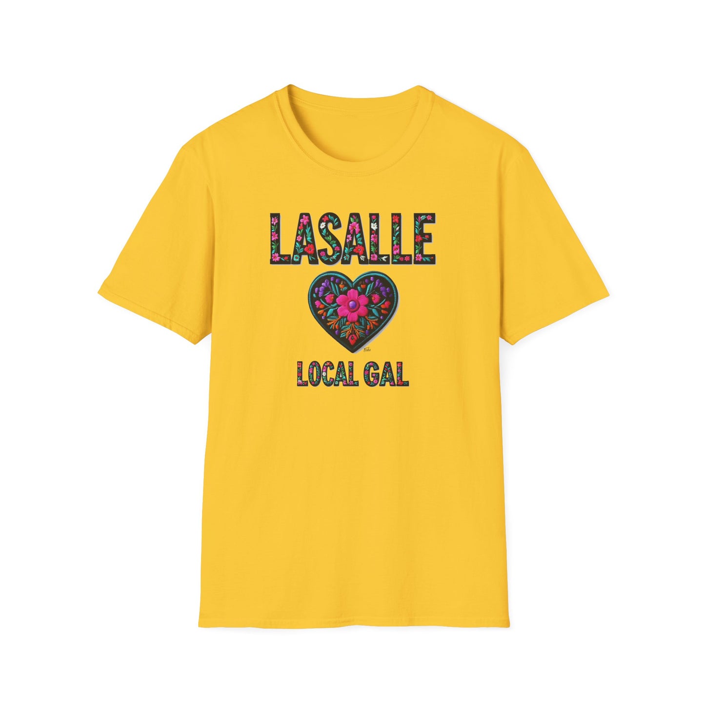 LASALLE Local Gal Flower-Heart T-Shirt, 3 Softstyle Graphic Tee, Unisex Casual Wear, Support Local Merch, Gift for Community Lovers, Finkz WINDSOR