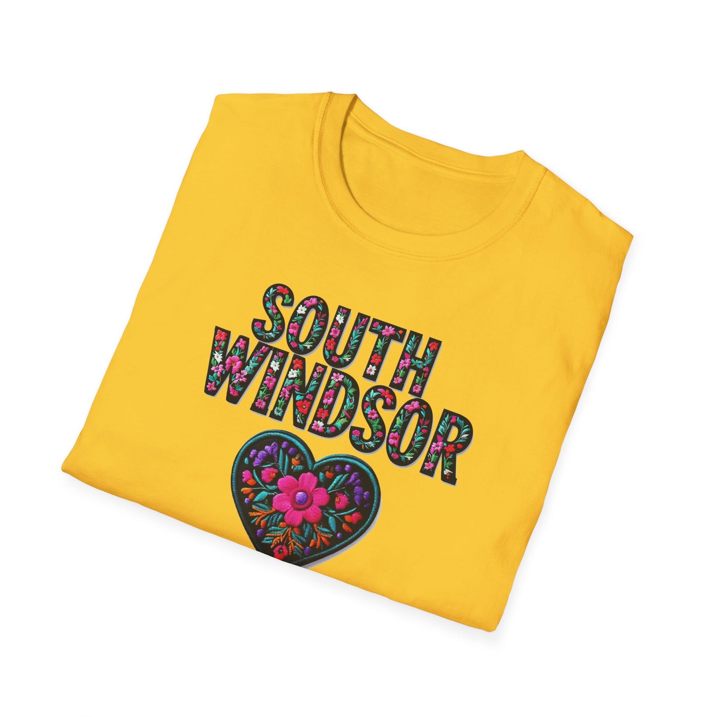 SOUTH WINDSOR Local Gal Flower-Heart T-Shirt, 3 Softstyle Graphic Tee, Unisex Casual Wear, Support Local Merch, Gift for Community Lovers, Finkz WINDSOR