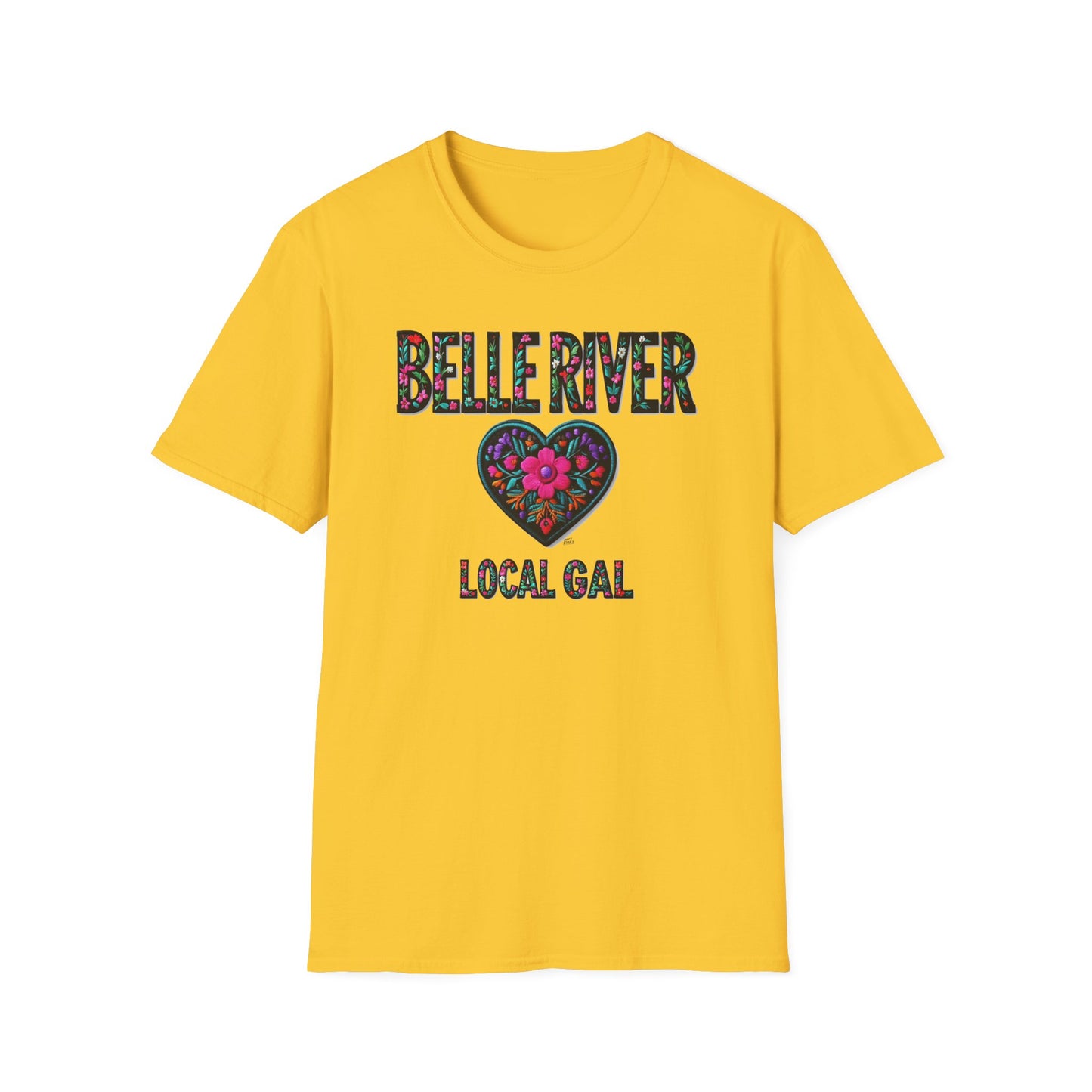 BELLE RIVER Local Gal Flower-Heart T-Shirt, 3 Softstyle Graphic Tee, Unisex Casual Wear, Support Local Merch, Gift for Community Lovers, Finkz WINDSOR
