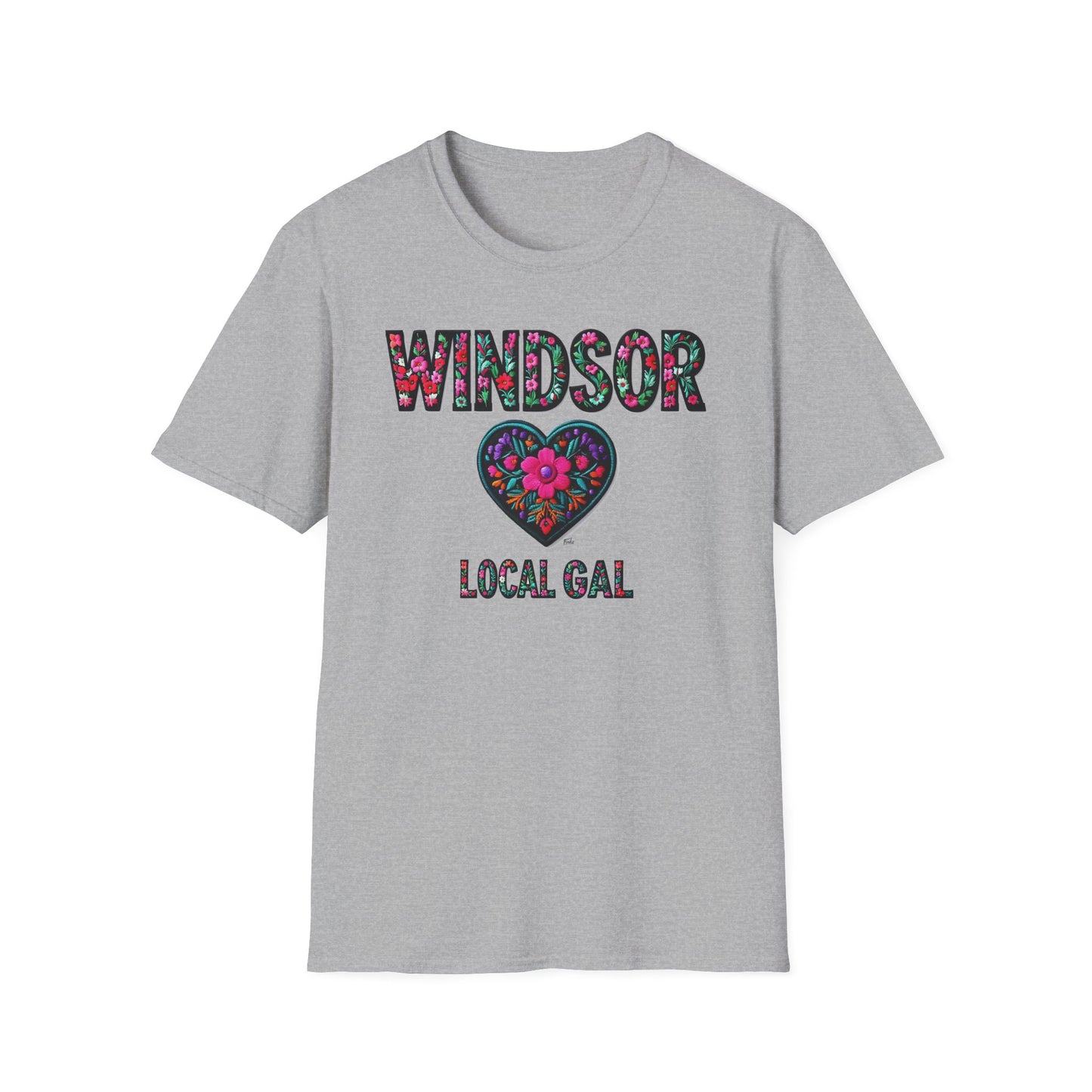 WINDSOR Local Gal Flower-Heart T-Shirt, c01-n00-s005 Softstyle Graphic Tee, Unisex Casual Wear, Support Local Merch, Gift for Community Lovers, Finkz WINDSOR
