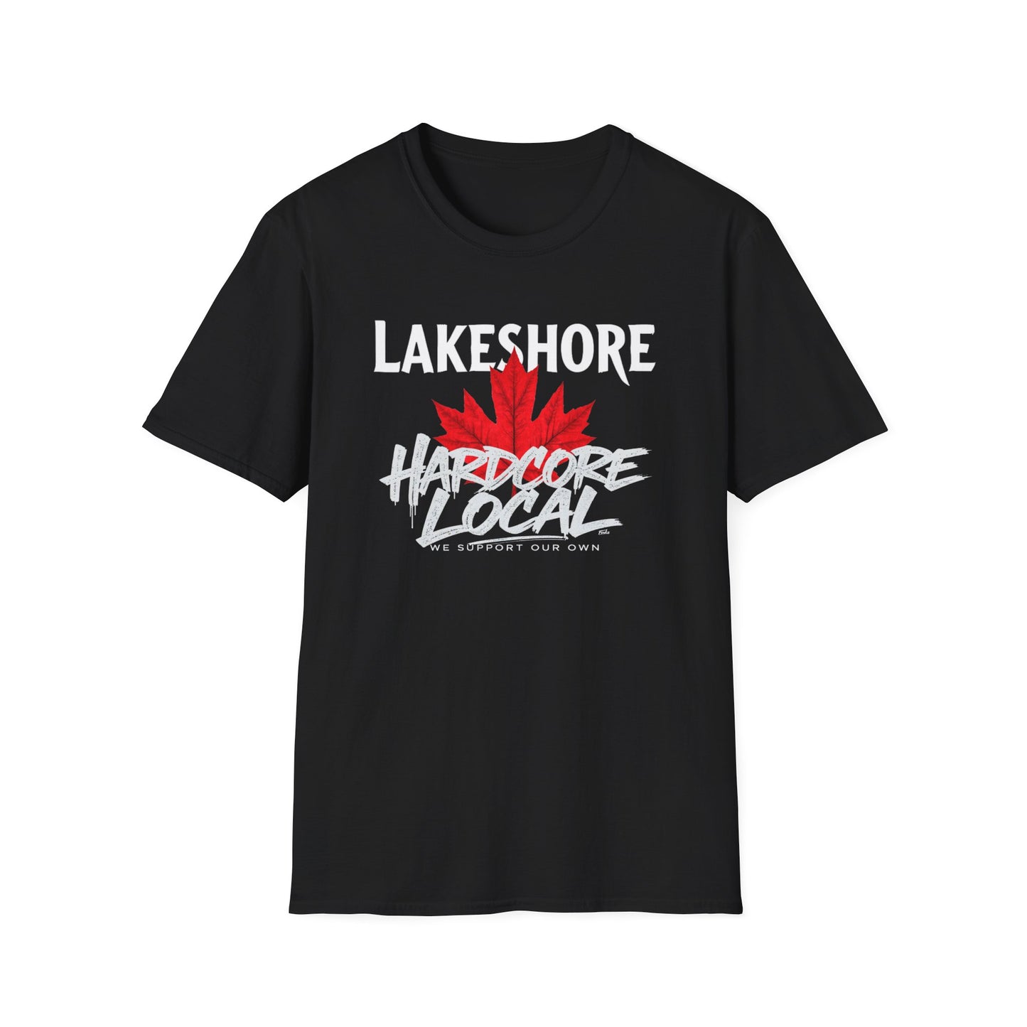 LAKESHORE Hardcore Local, We Support Our Own, Red Leaf 3 T-Shirt, Softstyle Graphic Tee, Unisex Casual Wear, Support Local Merch, Gift for Community Lovers, FINKZ WINDSOR