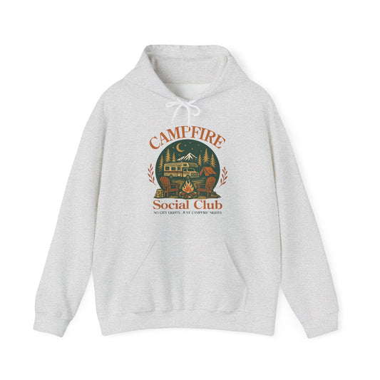 Campfire Social Club Hoodie | HappyCamperCrew.Com 100% Authentic | Cozy Camping Hoodie | Unisex Hooded Sweatshirt for Nature Lovers, Casual Wear, Gift for Him/Her, Outdoor Adventures, Cozy Days & Warm Nights By The Campfire