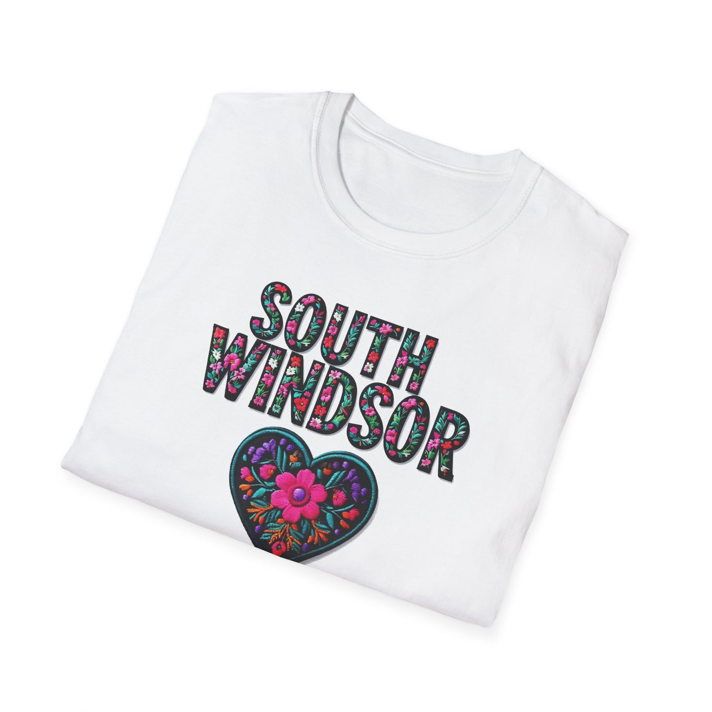 SOUTH WINDSOR Local Gal Flower-Heart T-Shirt, 3 Softstyle Graphic Tee, Unisex Casual Wear, Support Local Merch, Gift for Community Lovers, Finkz WINDSOR