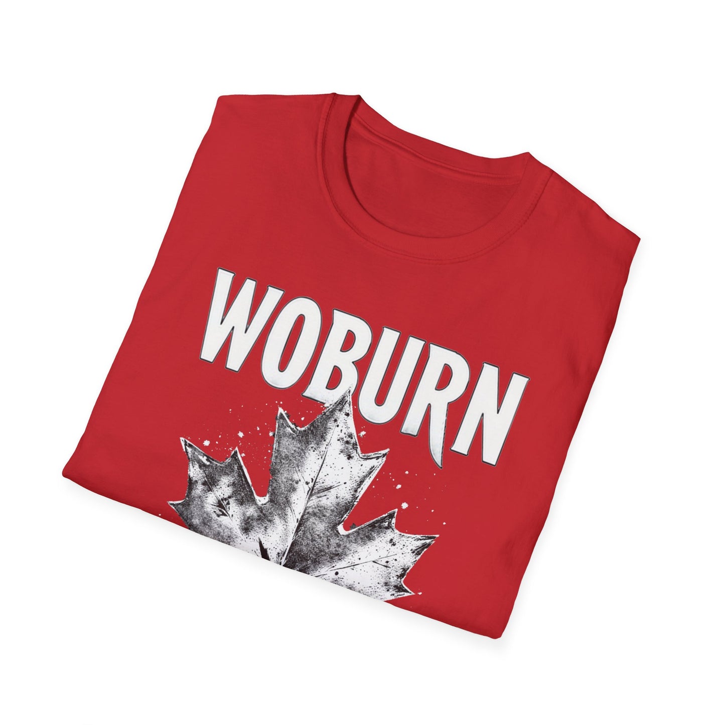 Woburn Hardcore Rep'n White Leaf T-Shirt, c006-n06-s007 Softstyle Graphic Tee, Unisex Casual Wear, Support'n Locals Merch, Gift for Community Lovers.