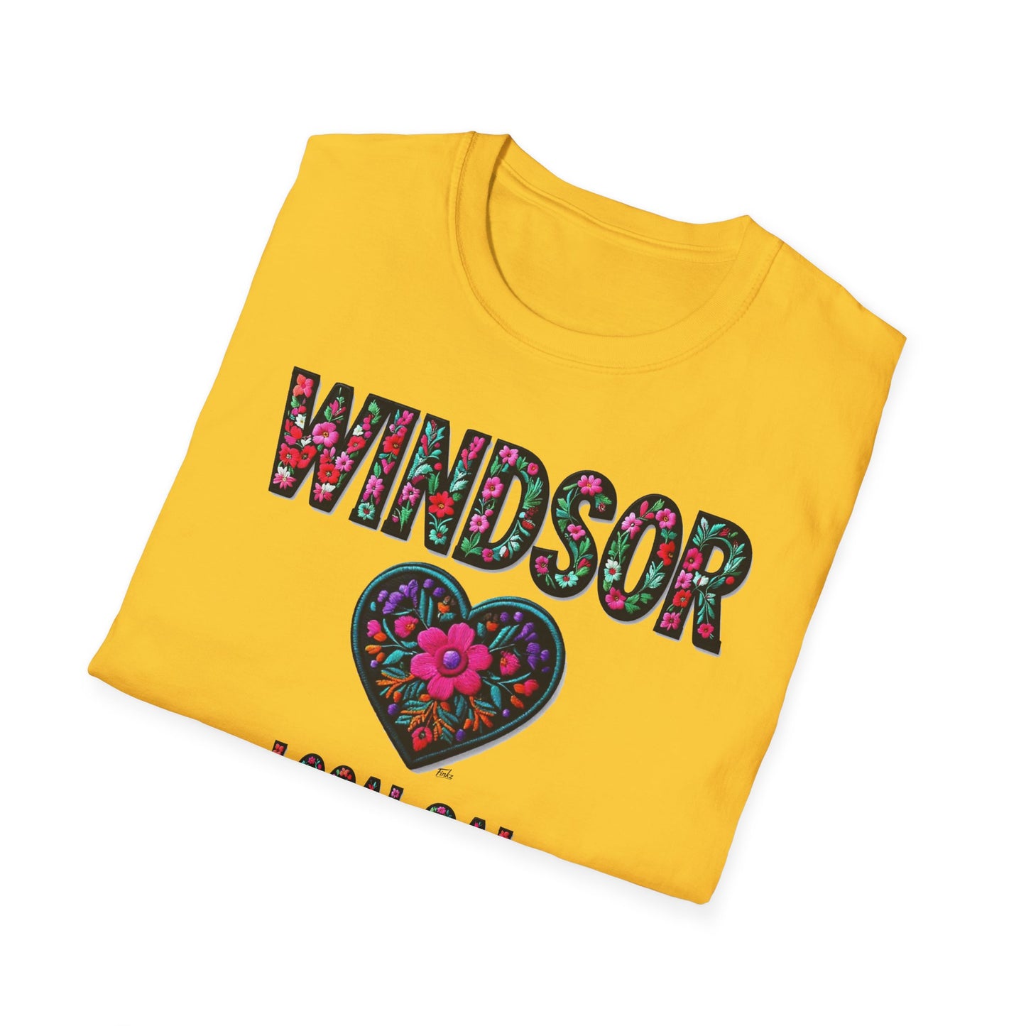 WINDSOR Local Gal Flower-Heart T-Shirt, c01-n00-s005 Softstyle Graphic Tee, Unisex Casual Wear, Support Local Merch, Gift for Community Lovers, Finkz WINDSOR
