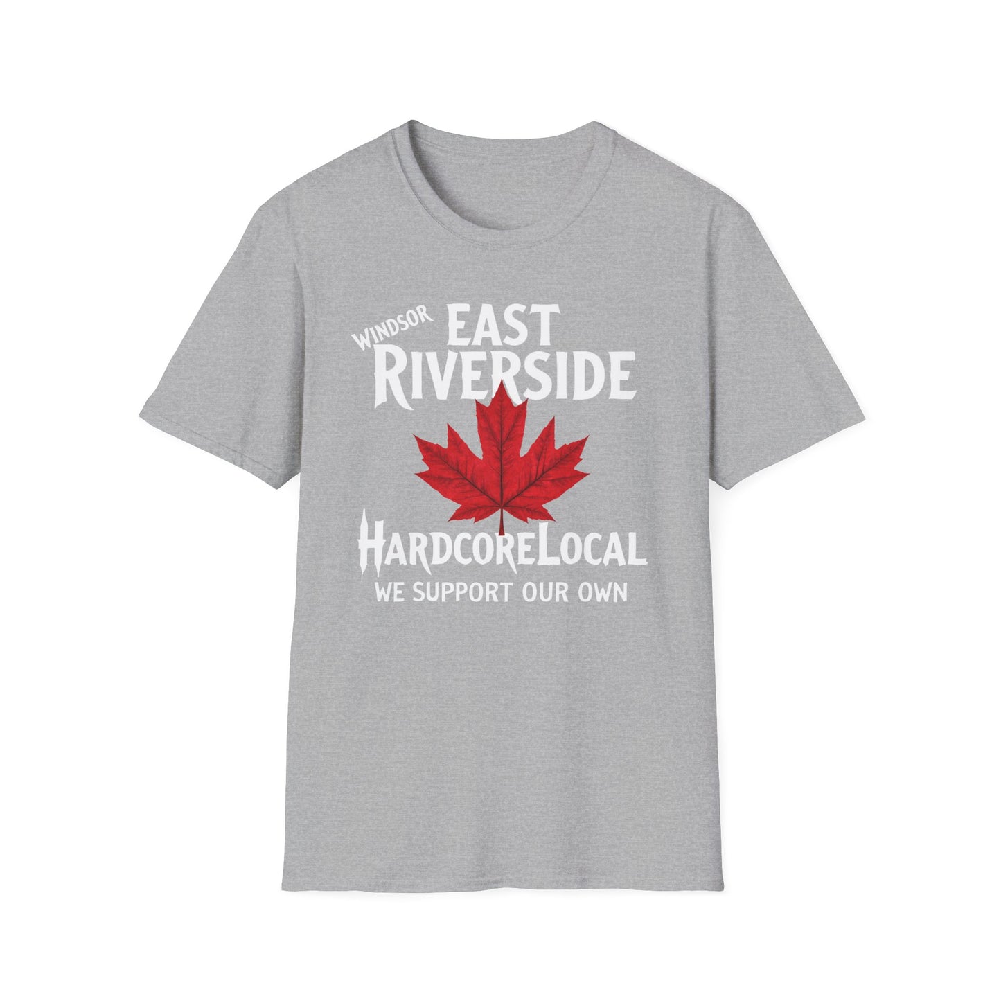 Windsor East Riverside Hardcore Local Red Leaf, We Support Our Own, 1 T-Shirt, Softstyle Graphic Tee, Unisex Casual Wear, Support Local Merch, Gift for Community Lovers
