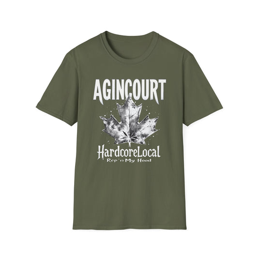 Agincourt Hardcore Rep'n White Leaf T-Shirt, c06-n01-s007 Softstyle Graphic Tee, Unisex Casual Wear, Support'n Locals Merch, Gift for Community Lovers.
