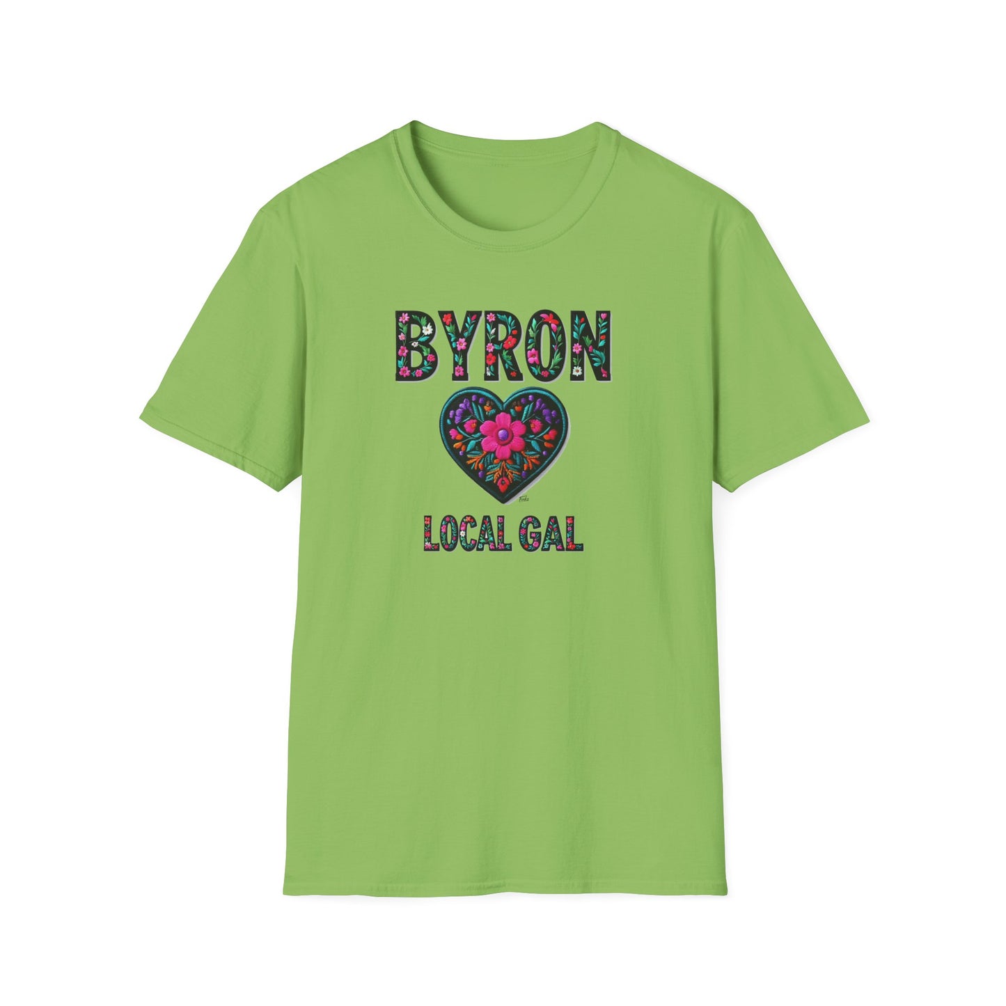 Byron Local Gal Flower-Heart T-Shirt, c02-n02-s05  Softstyle Graphic Tee, Unisex Casual Wear, Support Local Merch, Gift for Community Lovers, Finkz WINDSOR