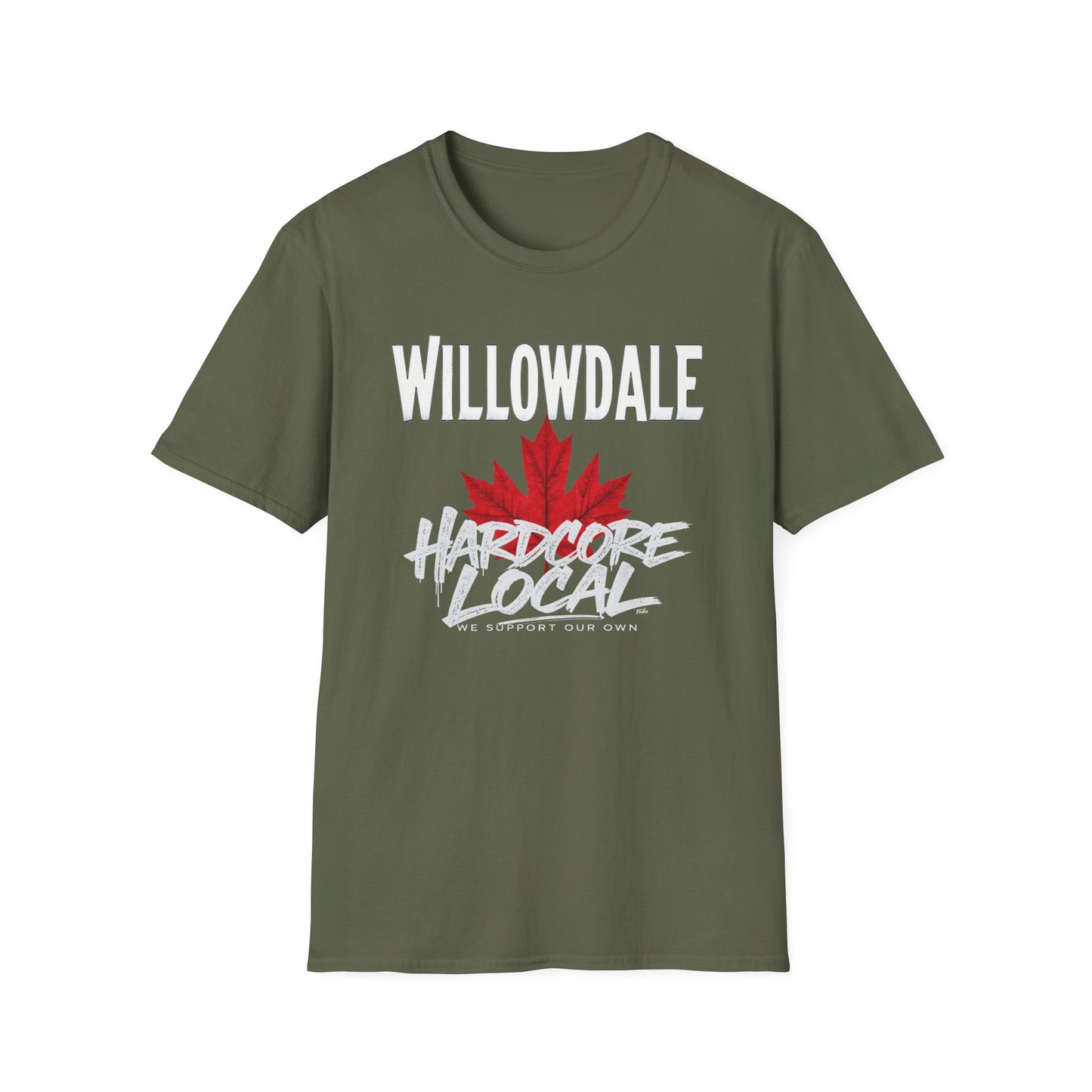 Willowdale Hardcore We Support Our Own Red Leaf T-Shirt, c06-n05-s006 Softstyle Graphic Tee, Unisex Casual Wear, Support'n Locals Merch, Gift for Community Lovers.