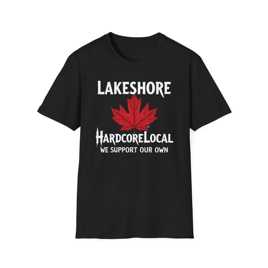 LAKESHORE Hardcore Local Red Leaf, We Support Our Own, 1 T-Shirt, Softstyle Graphic Tee, Unisex Casual Wear, Support Local Merch, Gift for Community Lovers Finkz Windsor