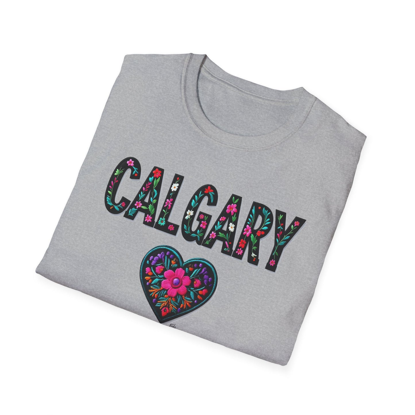 Calgary Local Gal Flower-Heart T-Shirt, c011-n00-s005 Softstyle Graphic Tee, Unisex Casual Wear, Support Local Merch, Gift for Community Lovers, Finkz