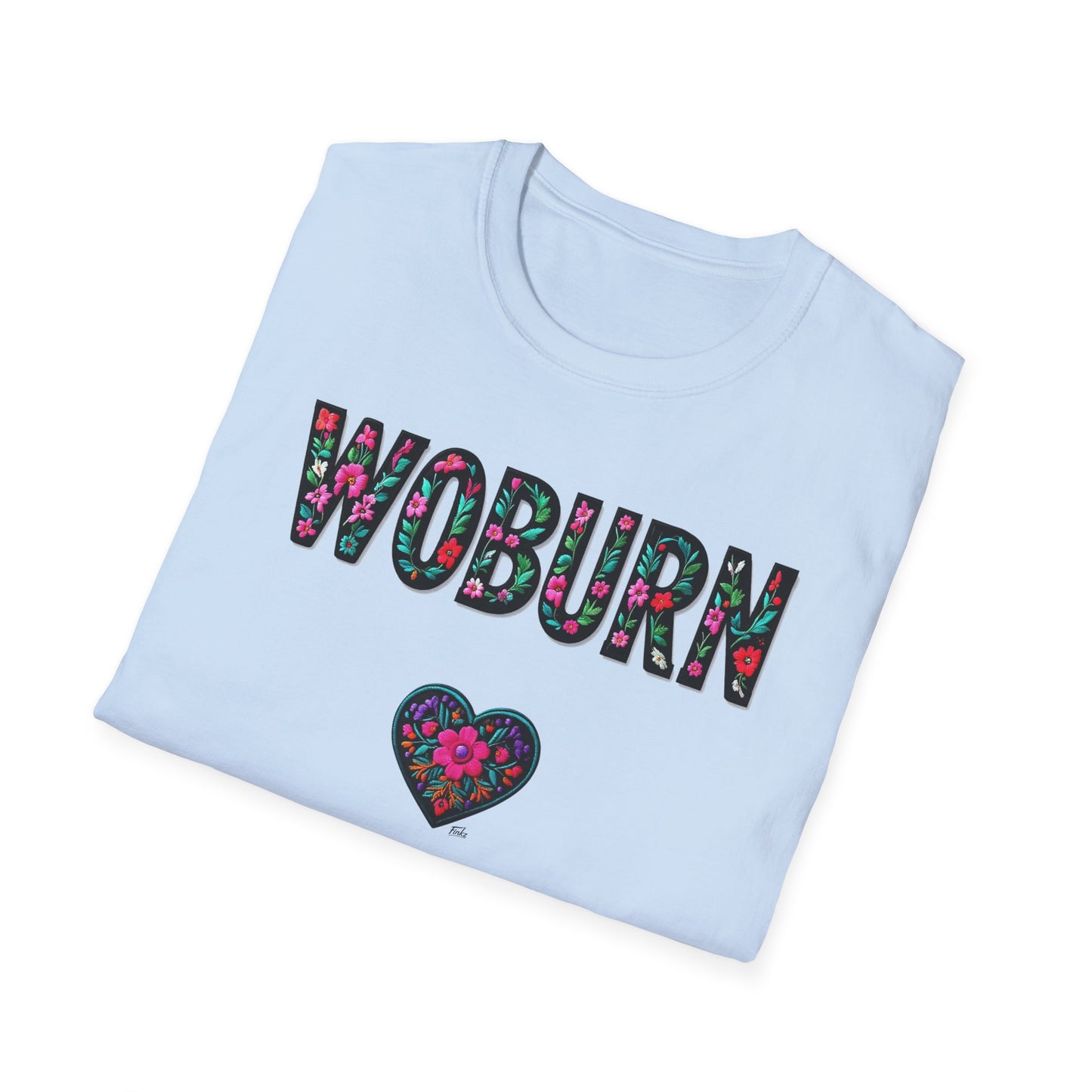 Woburn Local Gal Flower-Heart T-Shirt, c06-n06-s005 Softstyle Graphic Tee, Unisex Casual Wear, Support Local Merch, Gift for Community Lovers, Finkz WINDSOR