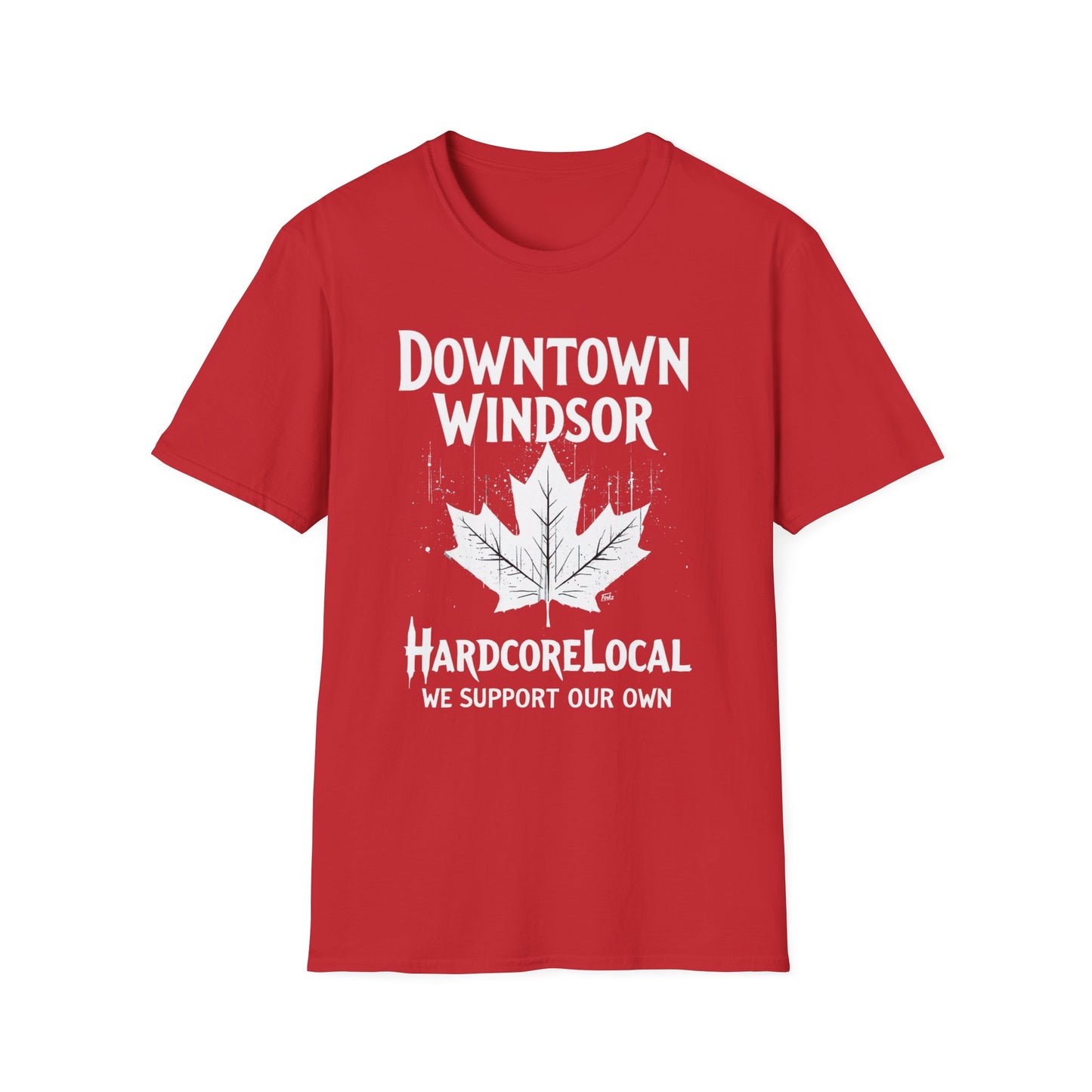 DOWNTOWN WINDSOR, We Support Our Own 2, Hardcore Local White Leaf T-Shirt, Softstyle Graphic Tee, Unisex Casual Wear, Support Local Merch, Gift for Community Lovers Finkz Windsor