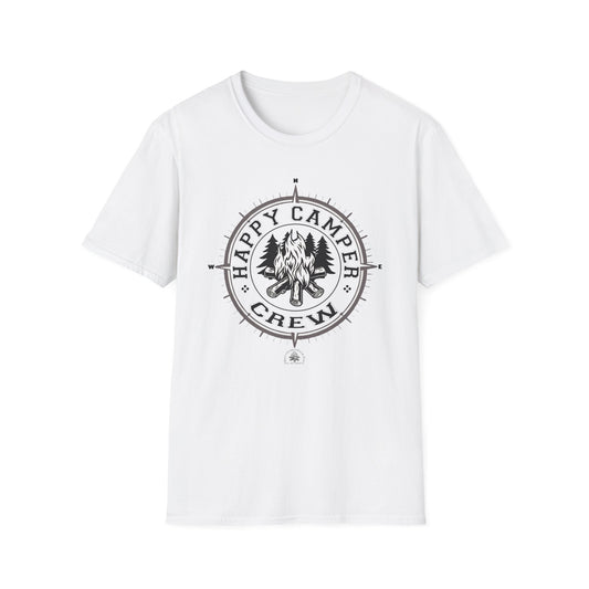 Happy Camper Crew Compass T-Shirt, Softstyle Graphic Tee, Unisex Casual Wear, Support'N Locals Merch, Gift for Community Lovers,