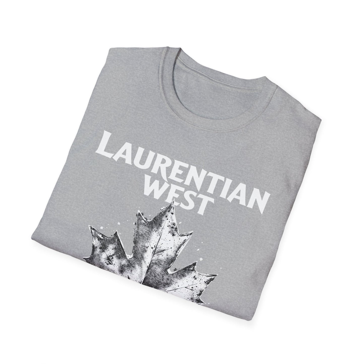 Laurentian West Hardcore Rep'n White Leaf T-Shirt, c003-n07-s007 Softstyle Graphic Tee, Unisex Casual Wear, Support'n Locals Merch, Gift for Community Lovers.