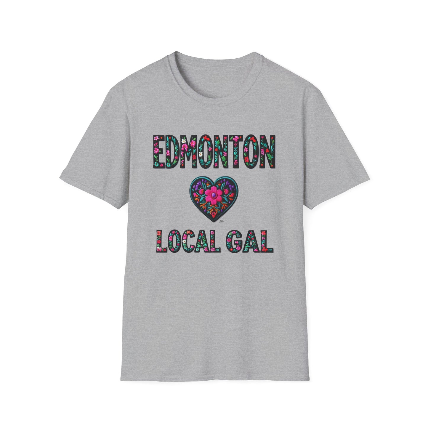 Edmonton Local Gal Flower-Heart T-Shirt, c012-n00-s005 Softstyle Graphic Tee, Unisex Casual Wear, Support Local Merch, Gift for Community Lovers, Finkz