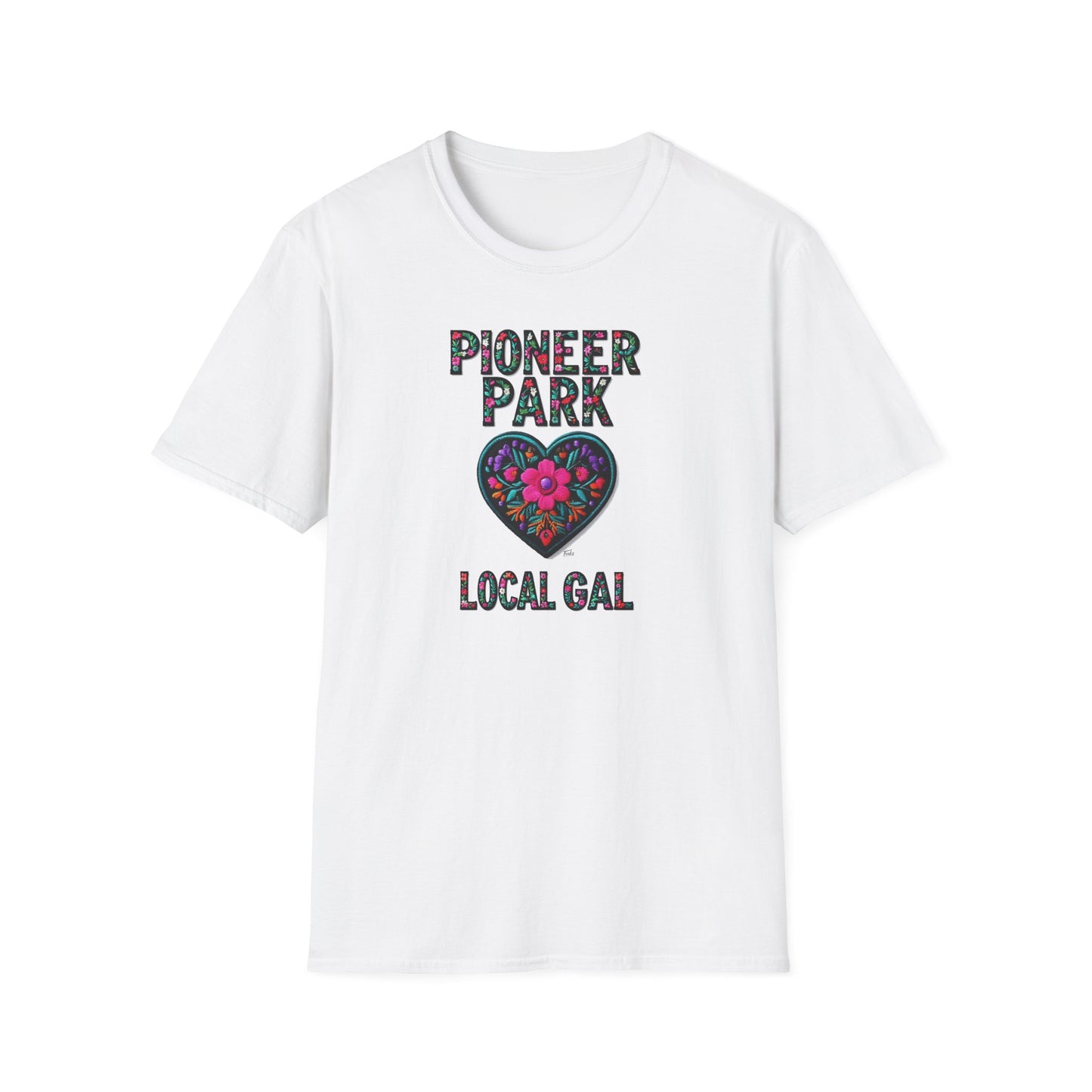 Pioneer Park Local Gal Flower-Heart T-Shirt, c03-n08-s05  Softstyle Graphic Tee, Unisex Casual Wear, Support Local Merch, Gift for Community Lovers, Finkz WINDSOR