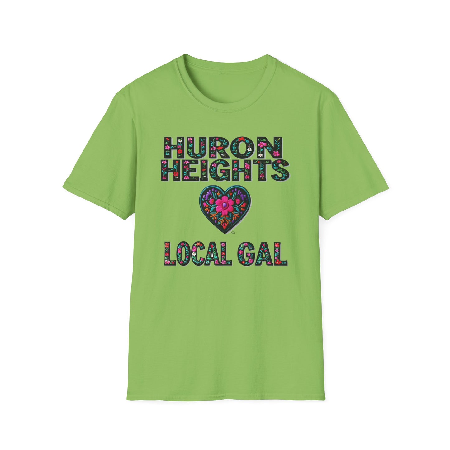 Huron Heights Local Gal Flower-Heart T-Shirt, c02-n01-s005 Softstyle Graphic Tee, Unisex Casual Wear, Support Local Merch, Gift for Community Lovers, Finkz WINDSOR