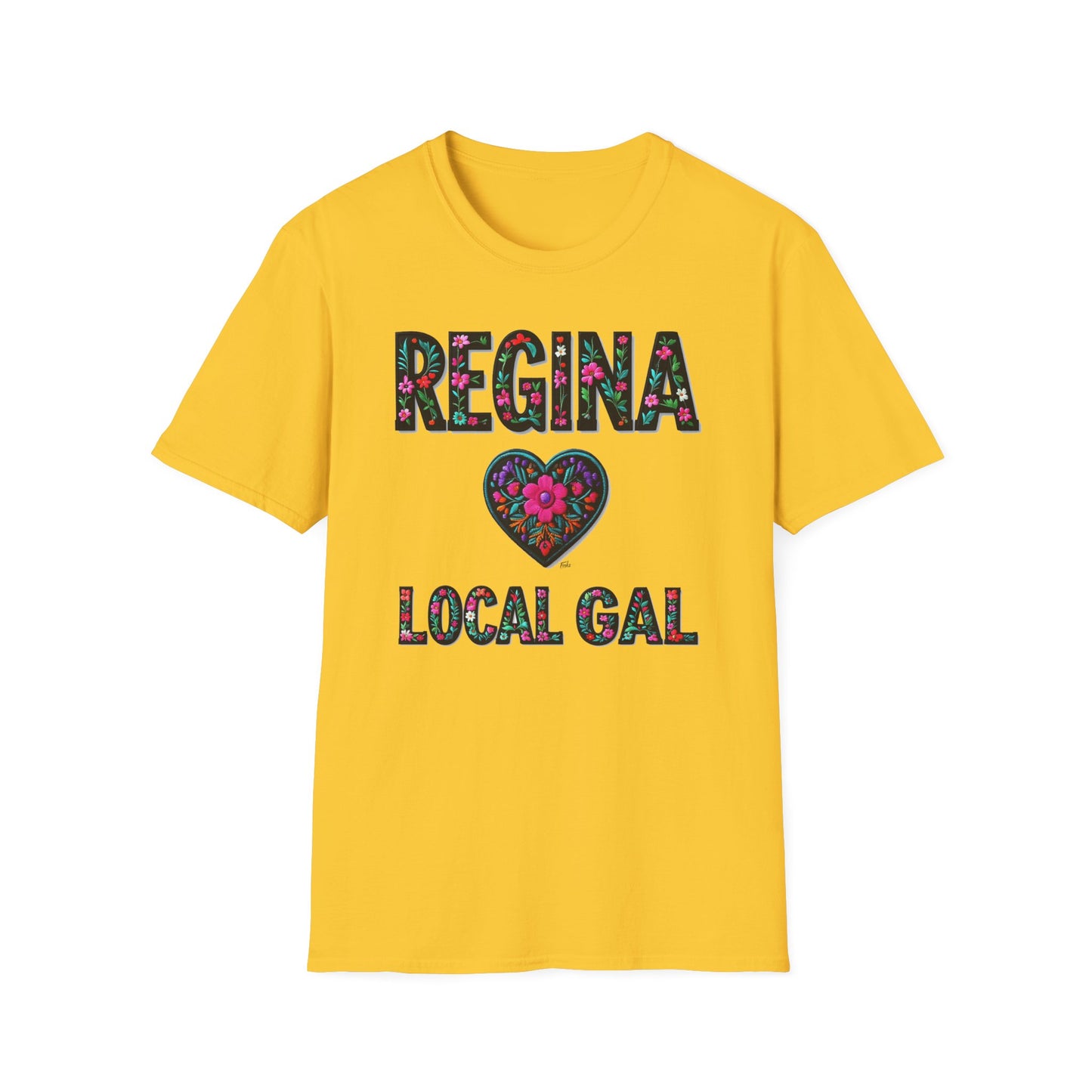 Regina Local Gal Flower-Heart T-Shirt, c10-n00-s005 Softstyle Graphic Tee, Unisex Casual Wear, Support Local Merch, Gift for Community Lovers, Finkz WINDSOR