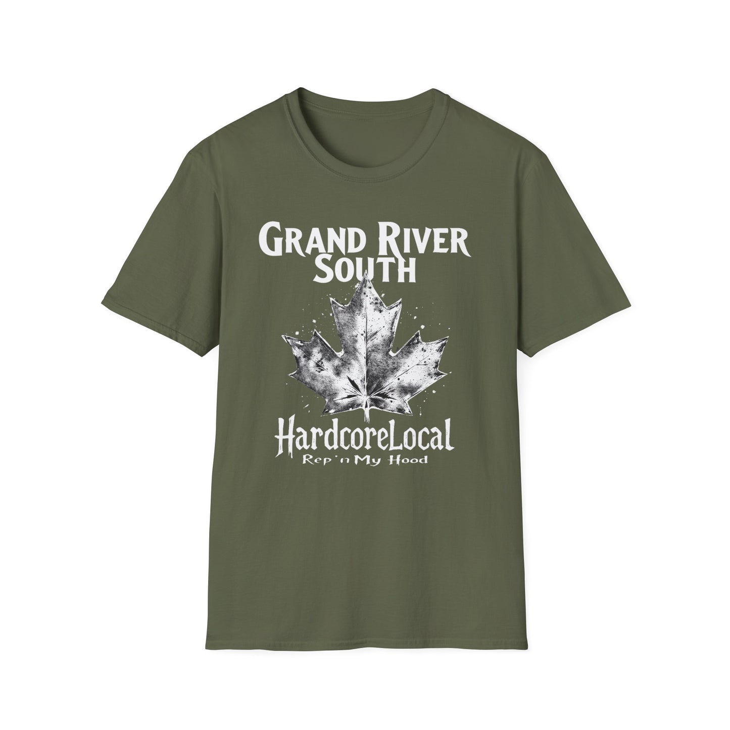 Grand River South Hardcore Rep'n White Leaf T-Shirt, c03-n04-s007 Softstyle Graphic Tee, Unisex Casual Wear, Support'n Locals Merch, Gift for Community Lovers.