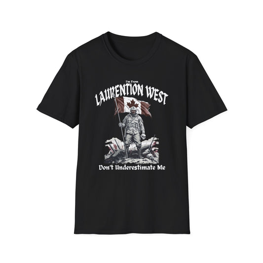 Laurentian West Underestimate Guy T-Shirt, c03-n07-s002 Softstyle Graphic Tee, Unisex Casual Wear, Support'n Locals Merch, Gift for Community Lovers.
