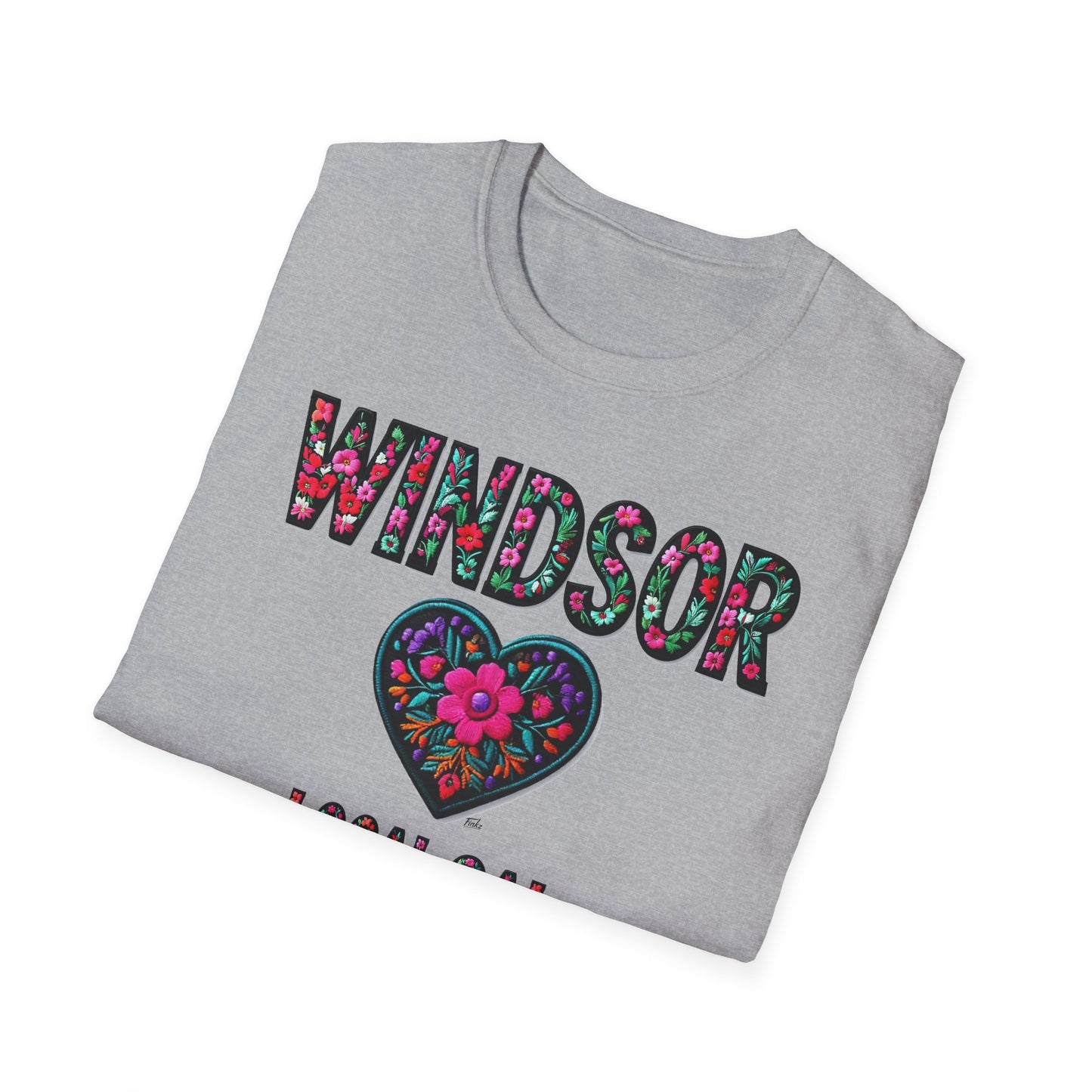 WINDSOR Local Gal Flower-Heart T-Shirt, c01-n00-s005 Softstyle Graphic Tee, Unisex Casual Wear, Support Local Merch, Gift for Community Lovers, Finkz WINDSOR