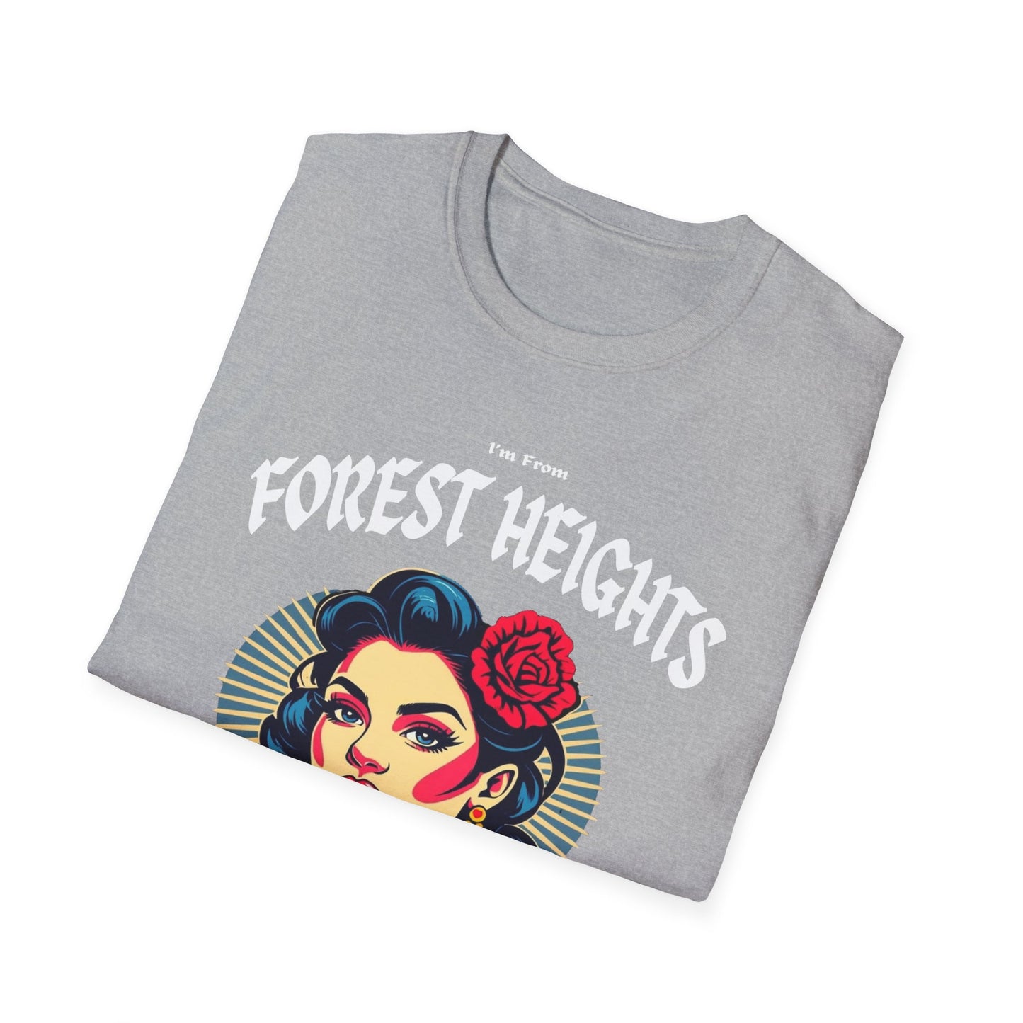 Forest Heights Underestimate Gal T-Shirt, c03-n03-s001 Softstyle Graphic Tee, Unisex Casual Wear, Support'n Locals Merch, Gift for Community Lovers.