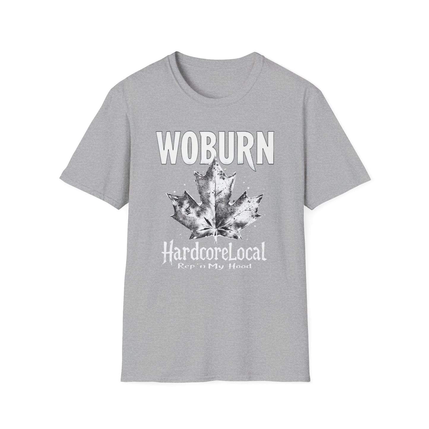 Woburn Hardcore Rep'n White Leaf T-Shirt, c006-n06-s007 Softstyle Graphic Tee, Unisex Casual Wear, Support'n Locals Merch, Gift for Community Lovers.