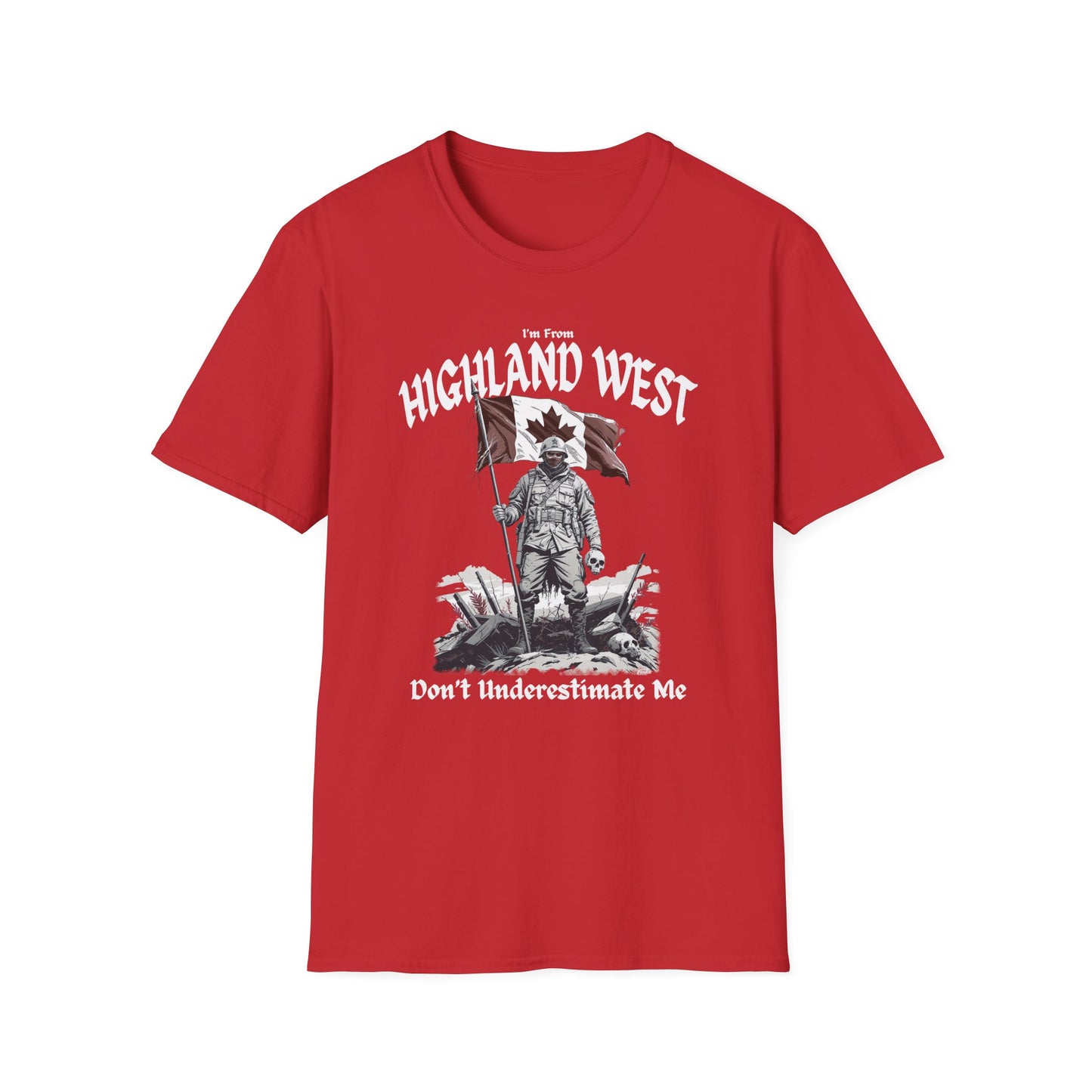 Highland West Underestimate Guy T-Shirt, c03-n05-s002 Softstyle Graphic Tee, Unisex Casual Wear, Support'n Locals Merch, Gift for Community Lovers.