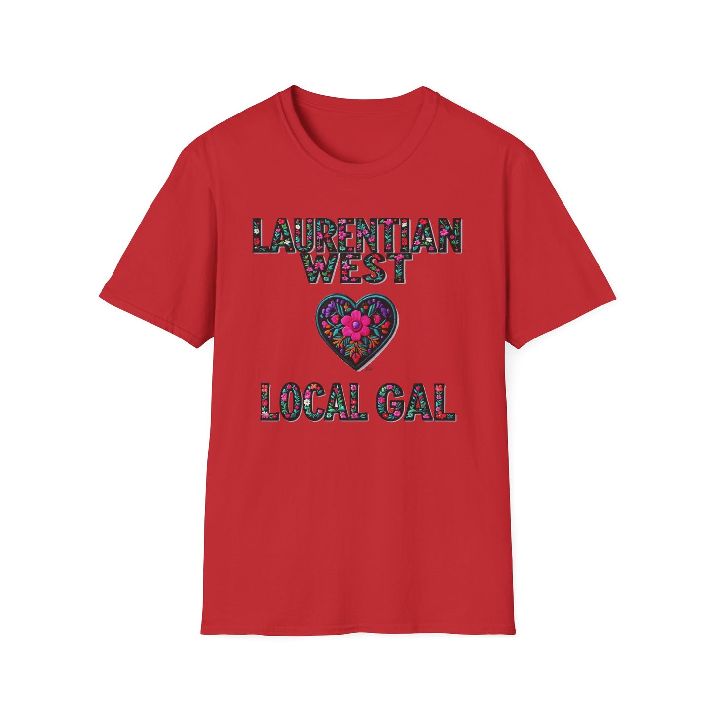 Laurentian West Local Gal Flower-Heart T-Shirt, c03-n01-s005 Softstyle Graphic Tee, Unisex Casual Wear, Support Local Merch, Gift for Community Lovers, Finkz WINDSOR
